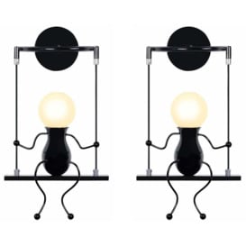 Axhup - 2X Industrial Wall Light Fixtures Iron Creative Single Cartoon Doll Human Adjustable Swing Wall Lamp E27, Black