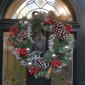 Premier 40cm Festive Silver Dressed Christmas Wreath With Pinecones and Red Berries