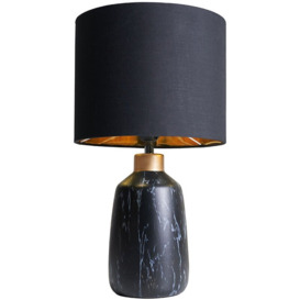 Minisun - Black Marble Effect Table Lamp With Fabric Drum Lampshade - Black & Gold