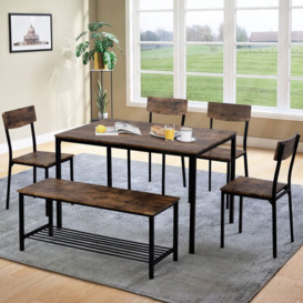 6 Pcs Dining Table Set 1 Table with 4 Chairs and One Bench Steel Frame Industrial Style Kitchen Dining Room