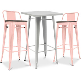 Silver Bar Table + X2 Bar Stools Set Bistrot Stylix Industrial Design Metal and Dark Wood - New Edition Pastel orange - Pastel orange