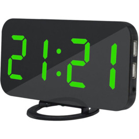 Digital Alarm Clock LED Display with Dual USB Charger Ports Auto Dimmer Mode Easy Snooze Function Modern Mirror Desk Wall Clock with Button Battery