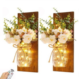 Mason Jar Wall Sconces,Betterlife Rustic Bedroom Wall Decor with 2 Remote Control Timer Artificial Flowers Battery Operated Hanging Lights with LED