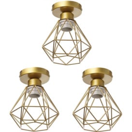 Wottes - 3 PCS Retro Industrial Ceiling Lamp Kitchen Living Room Metal Decorative Indoor Diamond Cage Ceiling Light, Gold - Gold