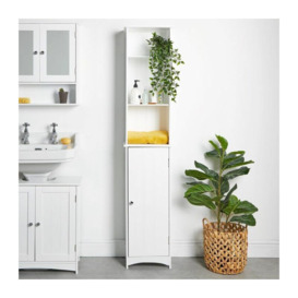 Tall Bathroom Cabinet - White Tallboy Storage Unit w/ Cupboard & 6 Shelves - Freestanding Slim Bathroom Cabinet - Wooden Bathroom Furniture - Water