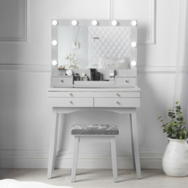 Taylor Grey Dressing Table with Large Hollywood Mirror led Lights Touch Sensor Makeup Vanity Table Organiser Glass Tabletop Storage 4 Drawers Stool
