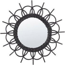 Round Modern Rattan Frame Wall Mirror Sunburst ø 60 cm Black Telakia - Black