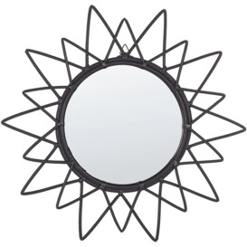 Round Modern Rattan Frame Wall Mirror Sunburst ø 61 cm Black Aroek - Black