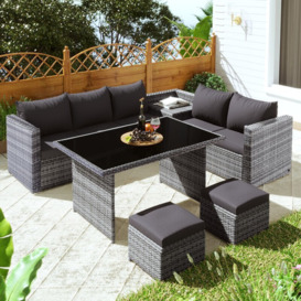 Garden Furniture Set, 7 Seater PE Rattan Garden Patio Corner Sofa Set with Glass topped 130*70cm Dinning Table, Grey