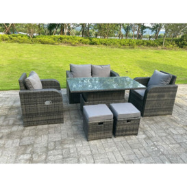 Fimous - Dark Mixed Grey Rattan Outdoor Garden Furniture Lifting Adjustable Dining Or Coffee Table Sets Love Sofa Recling Chairs small footstools 6