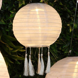 Noma - Solar Round White Mandarin Chinese Hanging Lantern Light Garden 30cm Fabric
