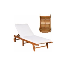 Gymax - Folding Sun Lounger, 5 Positions Adjustable Deck Chaise Sunbed with Wheels and Removable Cushion, Outdoor Solid Wood Frame Reclining Chair