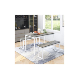 Dining Table and Bench Set 3-Piece 4-Person Space-Saving Dinette for Kitchen Patio Outdoor (grey+white）