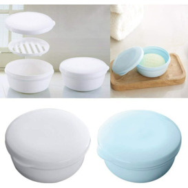 Blue and White Plastic Soap Dish with a Diaper to Dry Portable for Travel - Set of 2 Soap Boxes (Round)