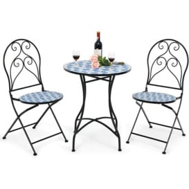 Gymax - 3 Piece Patio Bistro Set, Mosaic Metal Dining Set Garden Table with 2 Folding Chairs, Indoor Outdoor Conversation Furniture Set for Balcony