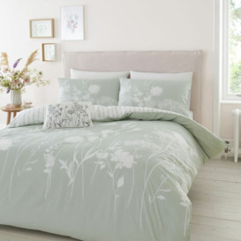 Meadowsweet Floral Print Easy Care Reversible Duvet Cover Set, Green, King - Catherine Lansfield