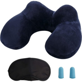 Inflatable Travel Pillow with 2 Stands, Ergonomic Neck Pillow with Ear Plugs and Eye Mask Ideal for traveling by plane, car and train (Blue)