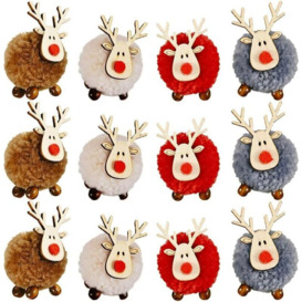 12Pack Christmas Cute Wool Felt Wooden Elk Antler Pendants Christmas Tree Decorations, Lovely Deer Craft Ornament for Xmas Tree Decor, Merry