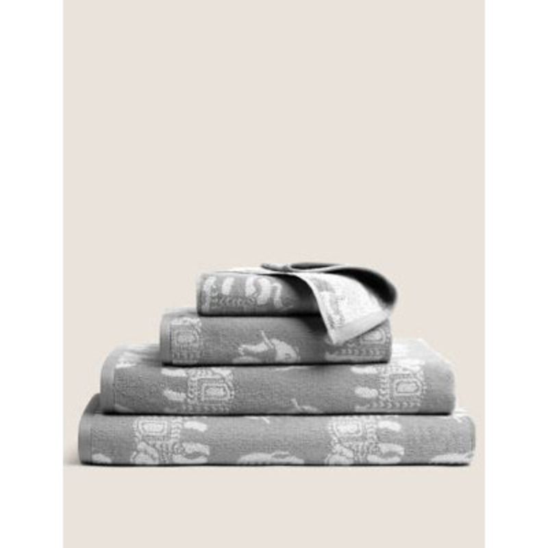 M&S Priya Pure Cotton Elephant Towel BATH Grey, Grey,Terracotta by