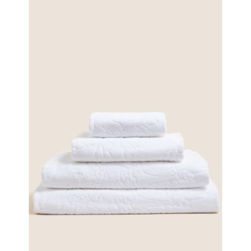 M&S Pure Cotton Linear Floral Towel EXL White, White,Sage by Marks