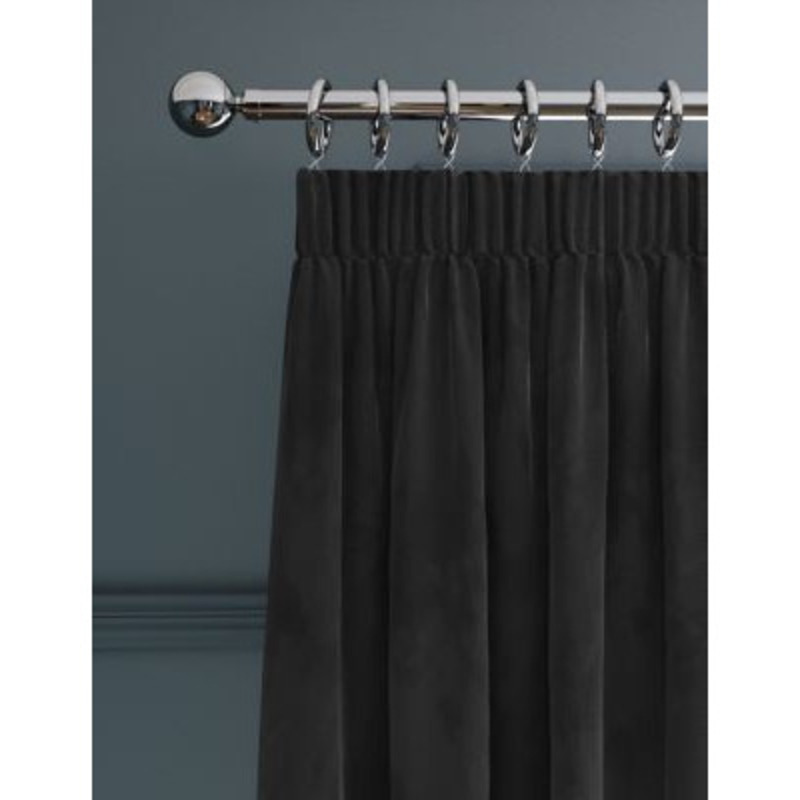 M&S Velvet Pencil Pleat Thermal Curtains WDR90 Black, Black,Plum