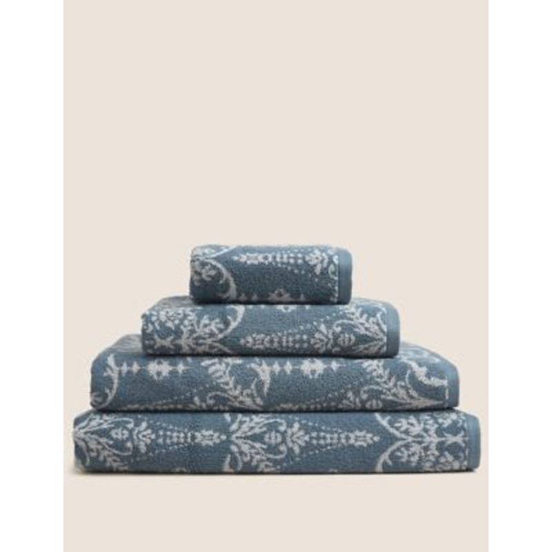 M&S Pure Cotton Damask Jacquard Towel HAND Blue Mix, Blue Mix,Grey