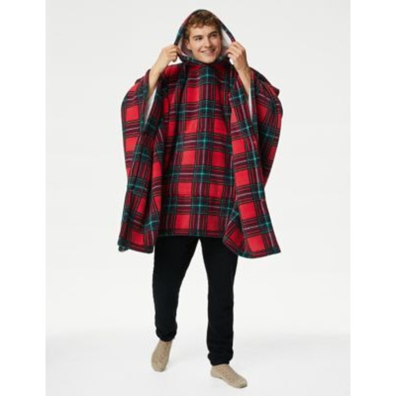 The M&S Snuggle™ Fleece Checked Hooded Blanket Large Red Mix