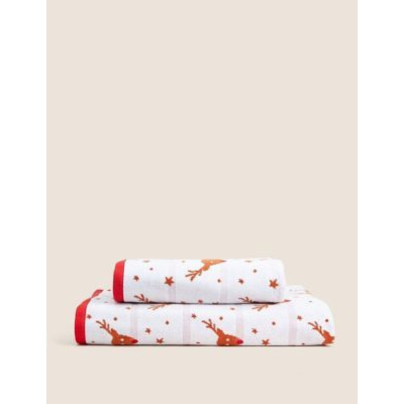 M&S Pure Cotton Reindeer Jacquard Towel - BATH - Red Mix, Red Mix by ...