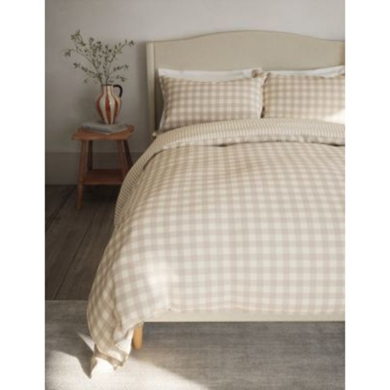 M&S Pure Cotton Gingham Bedding Set SGL Natural Mix, Natural Mix by