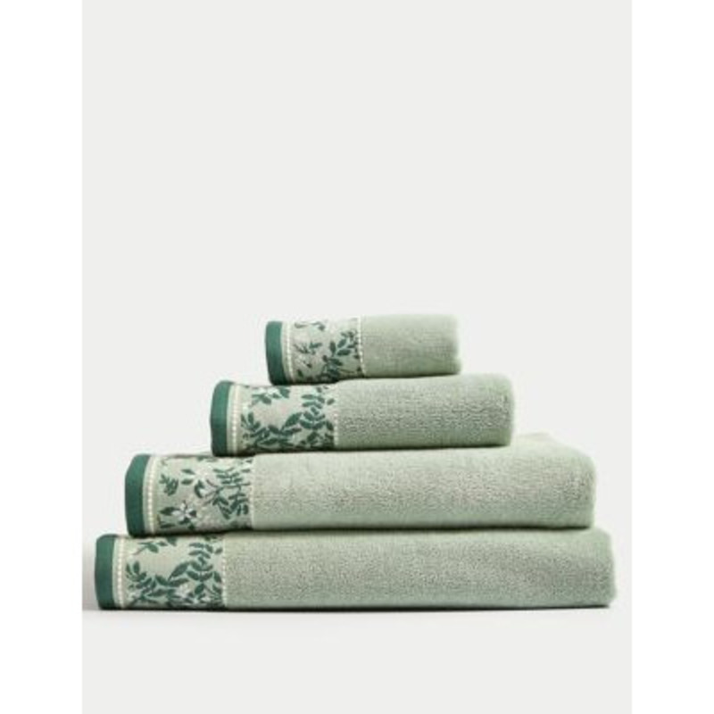 M&S Pure Cotton Woven Floral Towel HAND Forest Green, Forest Green