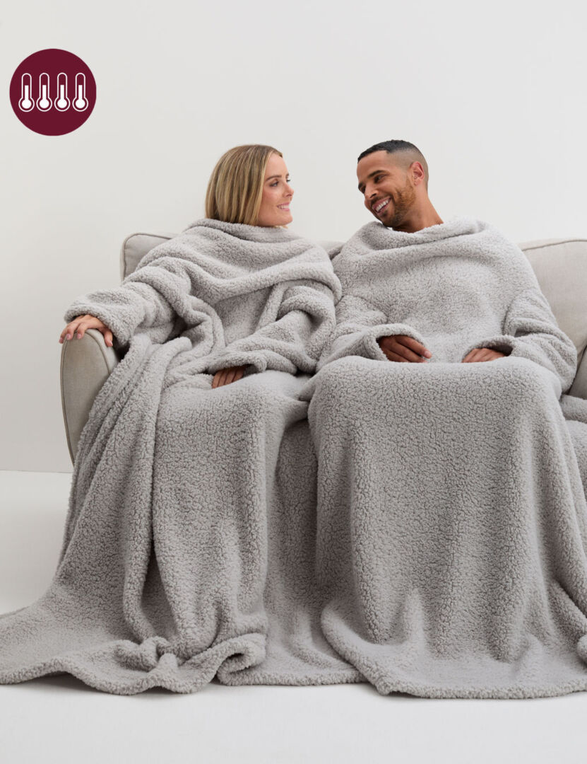 The M&S Snuggle™ Teddy Fleece Sleeved Blanket for Two - Grey, Grey