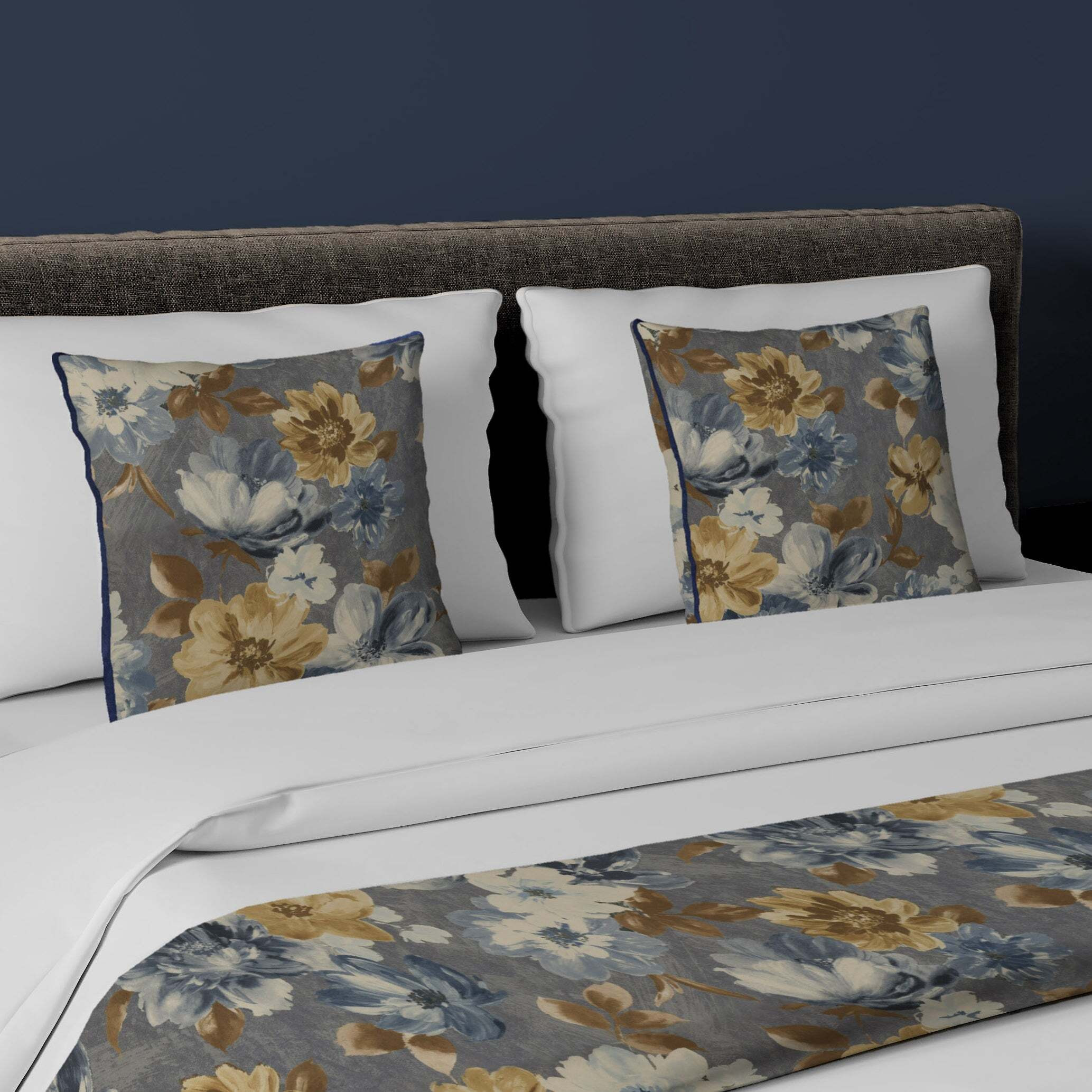 Camilla Navy. Grey and Ochre Bedding Set, Runner (50x165cm) + 1x ...