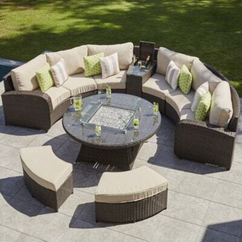 8 Seat Rattan Half Moon Sofa with Gas Fire Pit Coffee Table by Moda
