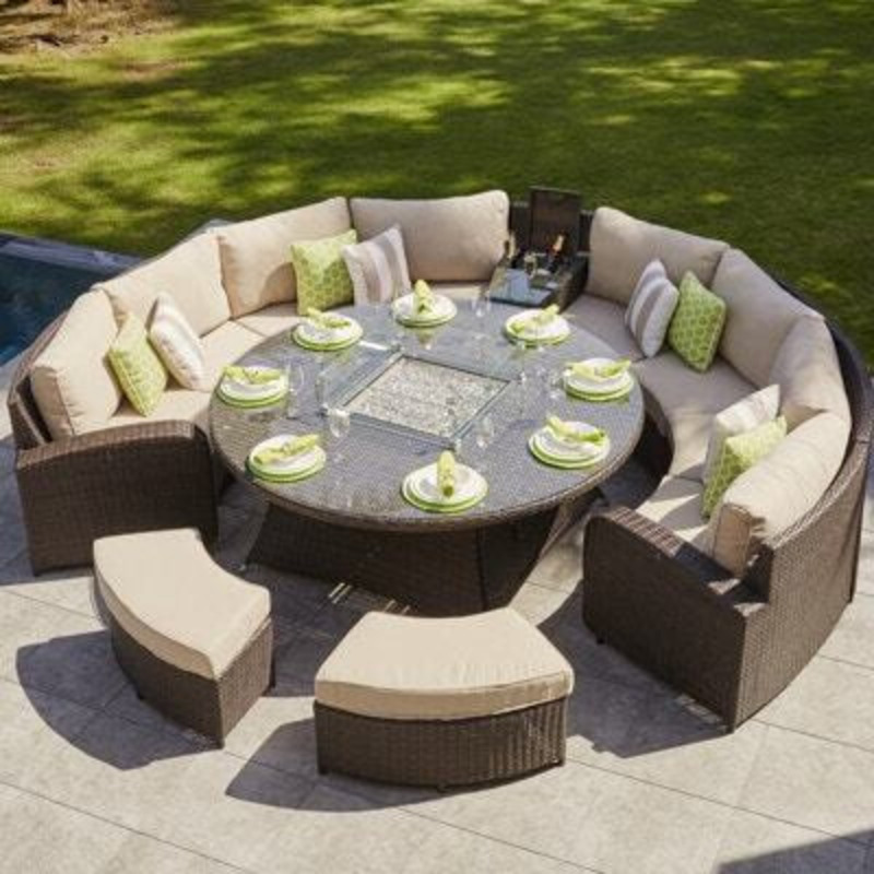 10 Seat Rattan Half Moon Sofa with Gas Fire Pit Dining Table by Moda