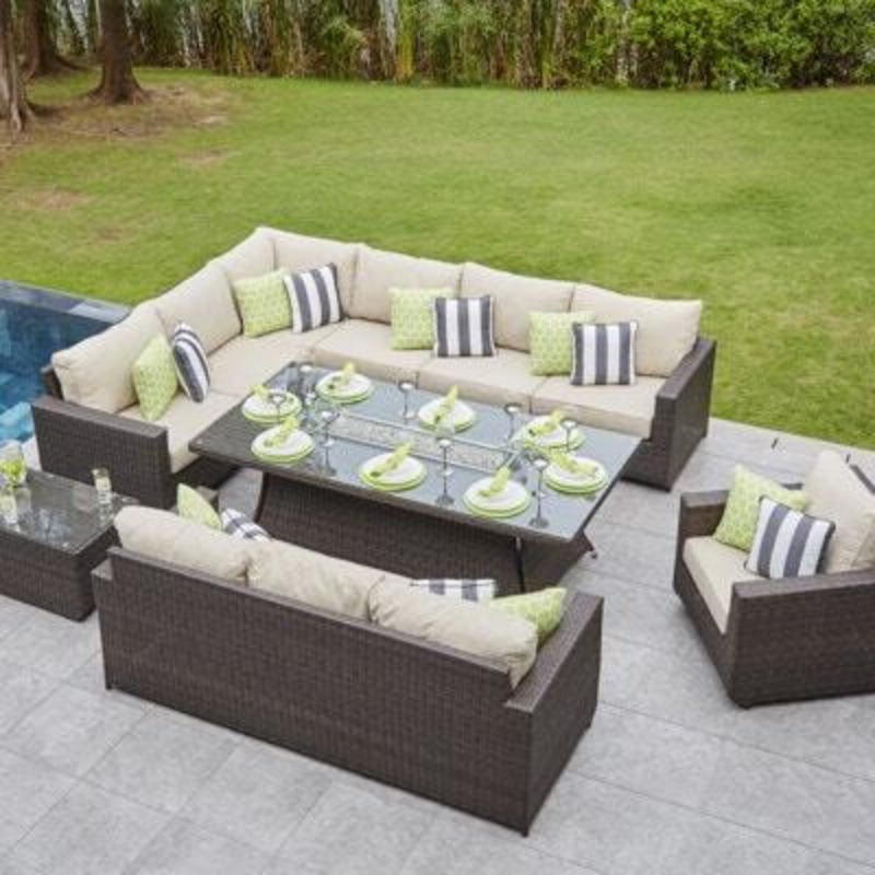 10 Seat Rattan Corner Sofa with Gas Fire Pit Dining Table by Moda