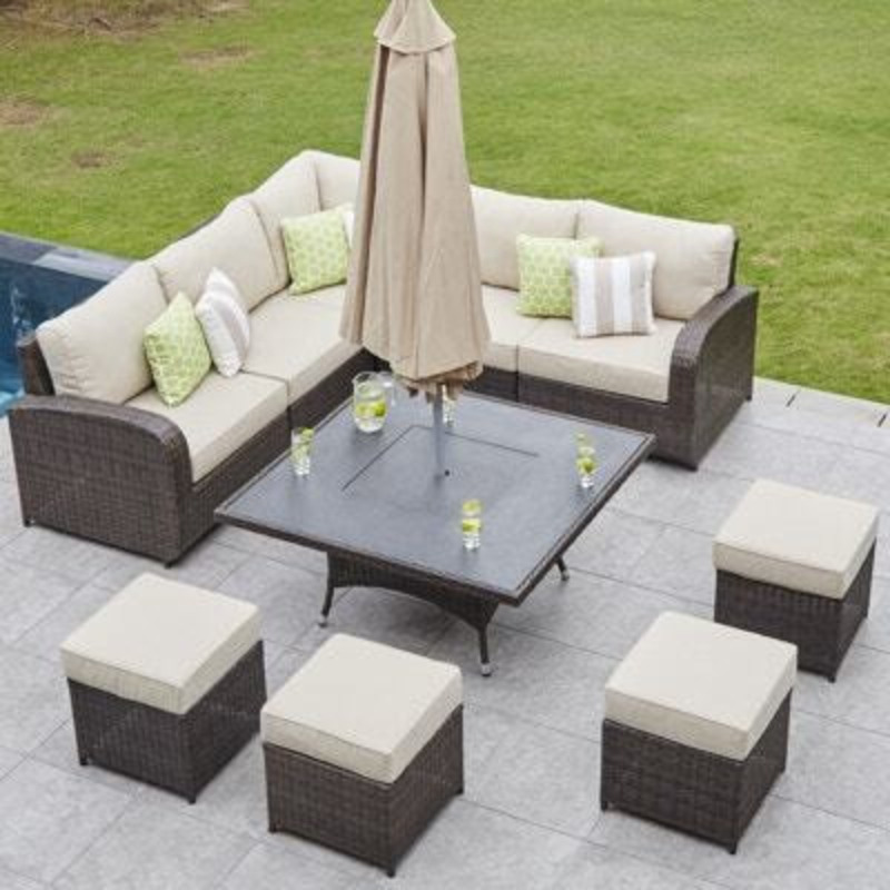 9 Seat Rattan Corner Garden Sofa with Charcoal Fire Pit Dining Table by