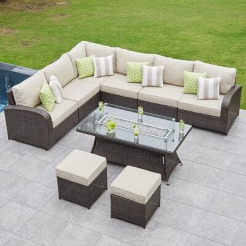 8 Seater Rattan Corner Garden Sofa with Gas Fire Pit Coffee Table by