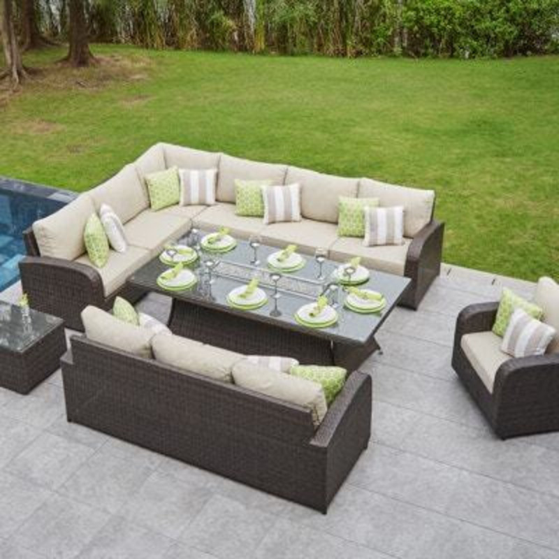 10 Seat Rattan Corner Sofa with Gas Fire Pit Dining Table by Moda