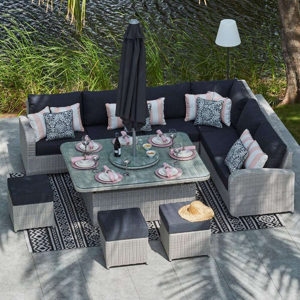 9 Seat Rattan Corner Garden Sofa with Rising Dining Table Set by Moda Furnishings