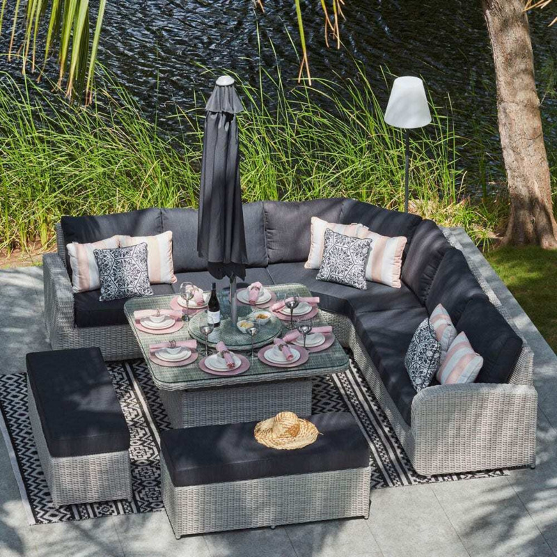 10 Seat Rattan Corner Sofa With Square Rising Dining Garden Table by