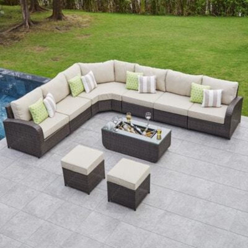 9 Seat Rattan Corner Garden Sofa with Drinks Cooler Coffee Table by