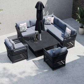Grey 7 Seater Garden Corner Sofa With Square Rising Table and Armchairs