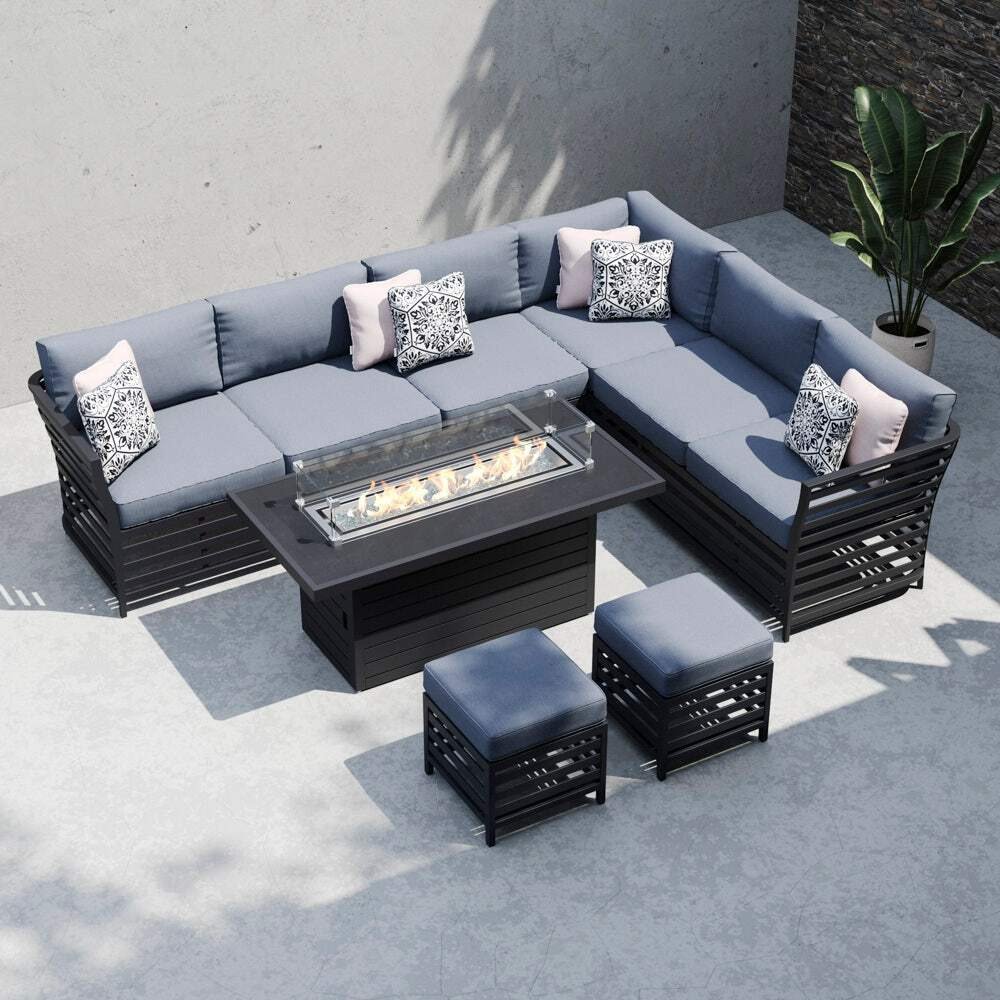 Grey 8 Seater Garden Extended Corner Sofa With Gas Fire Pit Coffee
