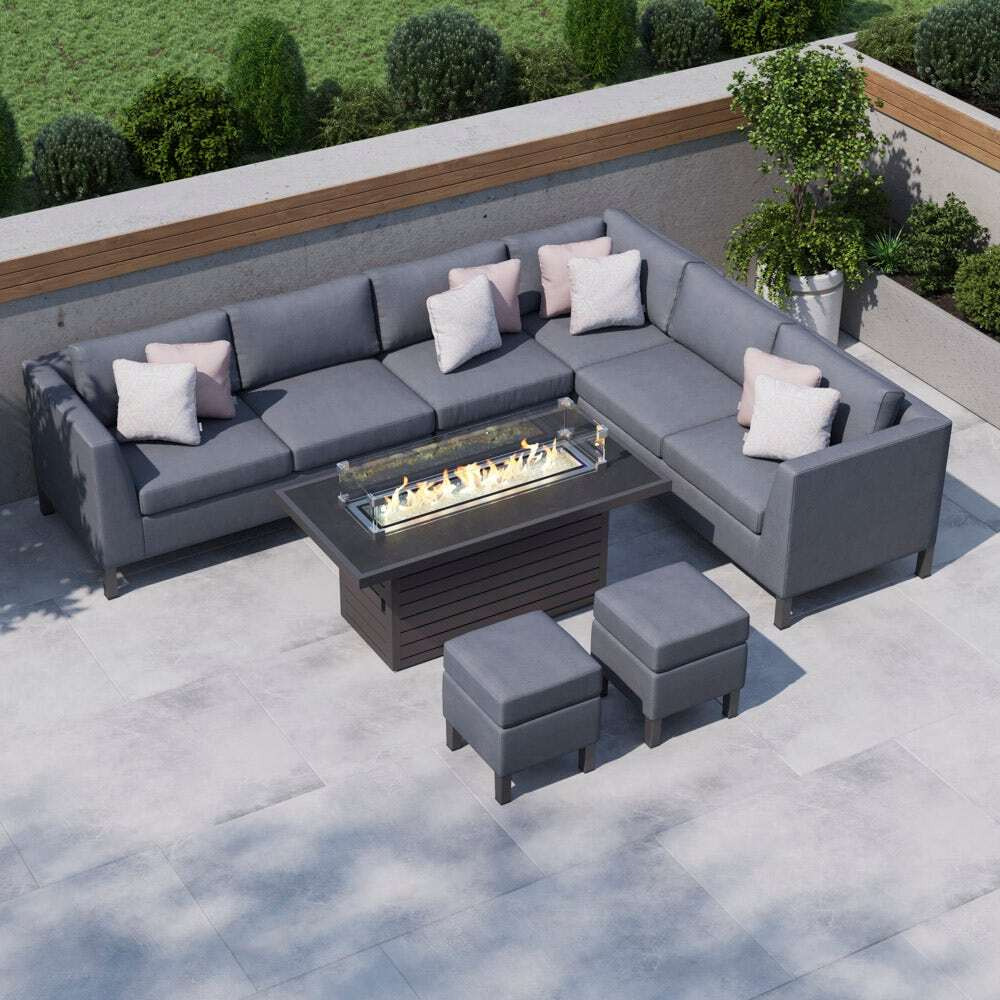 Grey 8 Seater Garden Extended Corner Sofa With Gas Fire Pit Coffee