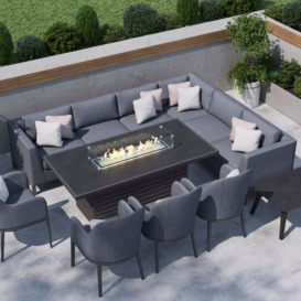 Grey 10 Seater Garden Extended Corner Sofa Combo With Gas Fire Pit Dining Table & Dining Chairs