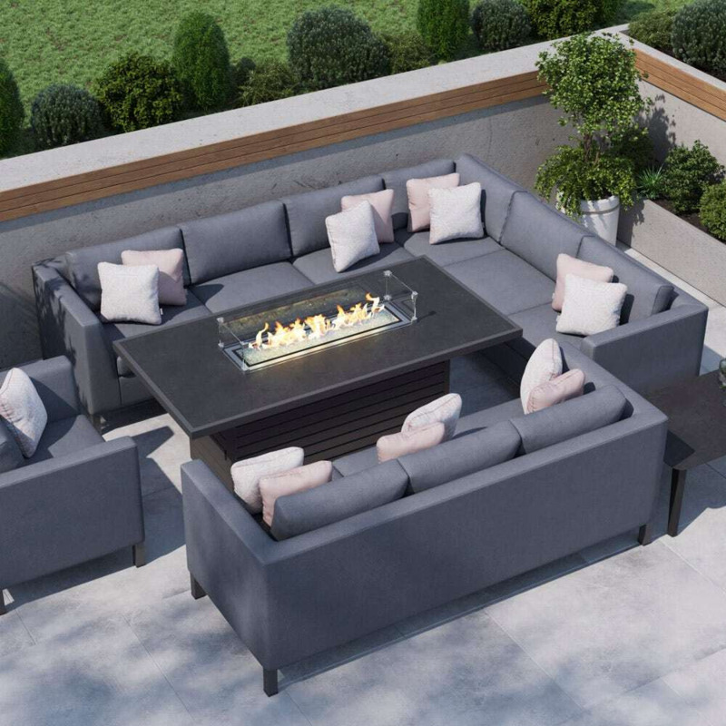 Grey 10 Seater Garden Extended Corner Sofa Combo With Gas Fire Pit Dining Table And Sofas by