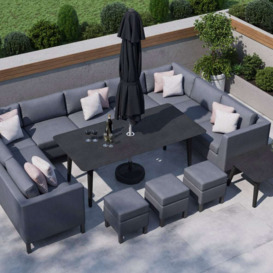 Grey 12 Seater Garden U Shaped Sofa Combo With Dining Table & Footstools
