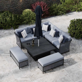 Grey 9 Seater Garden Corner Sofa With Square Rising Table And Benches