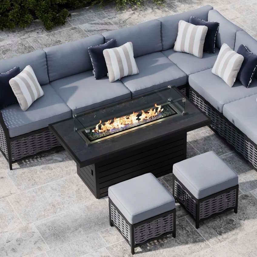 Grey 8 Seater Garden Extended Corner Sofa With Gas Fire Pit Coffee