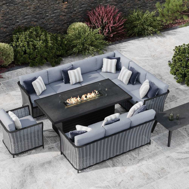 Grey 10 Seater Garden Extended Corner Sofa Combo With Gas Fire Pit